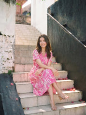 Hot Pink Russian Silk Floral  Printed Midi Dress