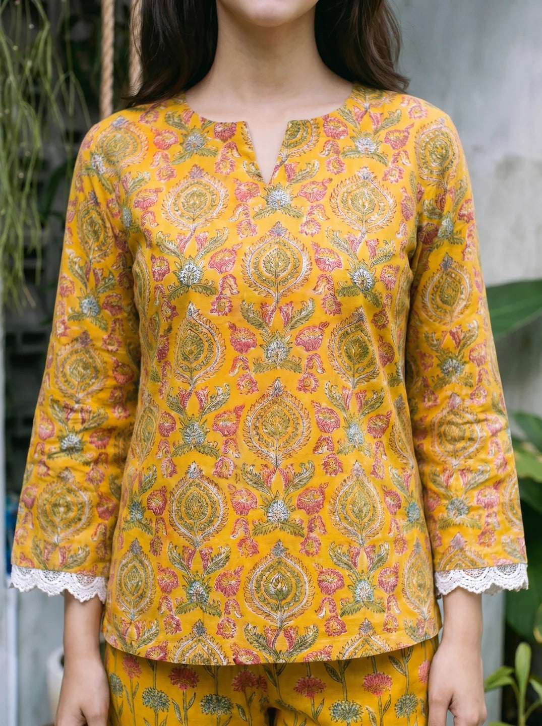 Yellow Multicolored Printed Top with Lace Trims and Trouser