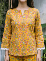 Yellow Multicolored Printed Top with Lace Trims and Trouser