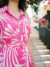 Hot Pink Russian Silk Floral  Printed Midi Dress