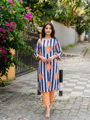 Beige/Navy Blue Bold Floral Printed Muslin Kurta Set