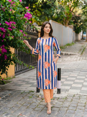 Beige/Navy Blue Bold Floral Printed Muslin Kurta Set