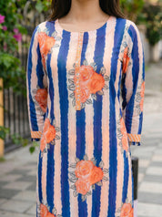 Beige/Navy Blue Bold Floral Printed Muslin Kurta Set