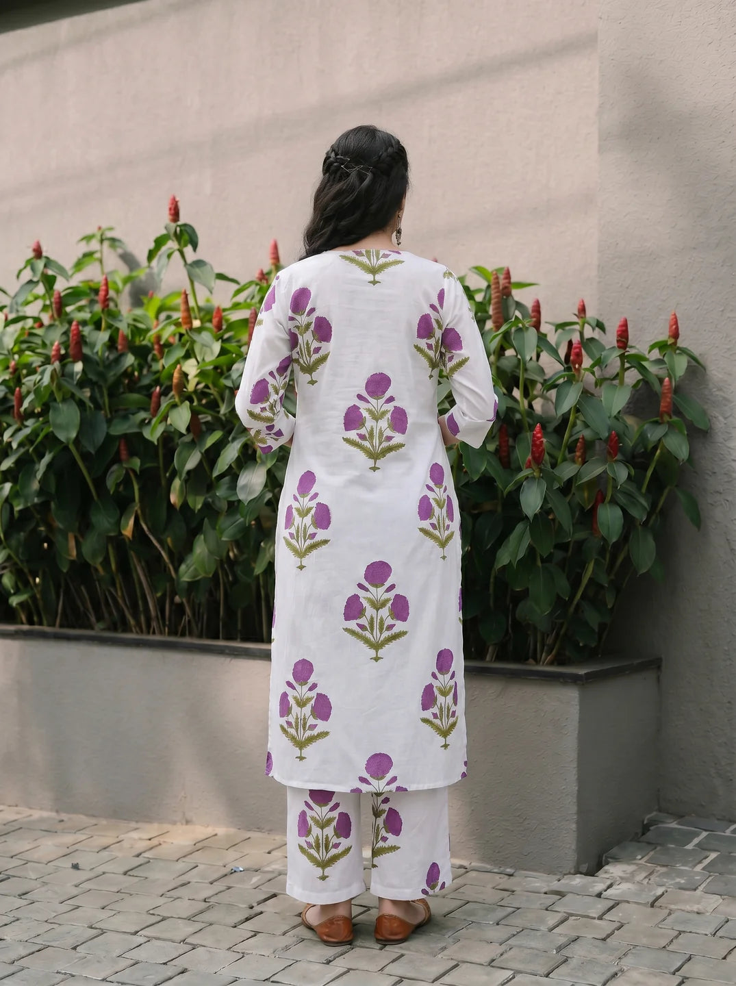 White & Lavender Floral A-Line Kurta Set