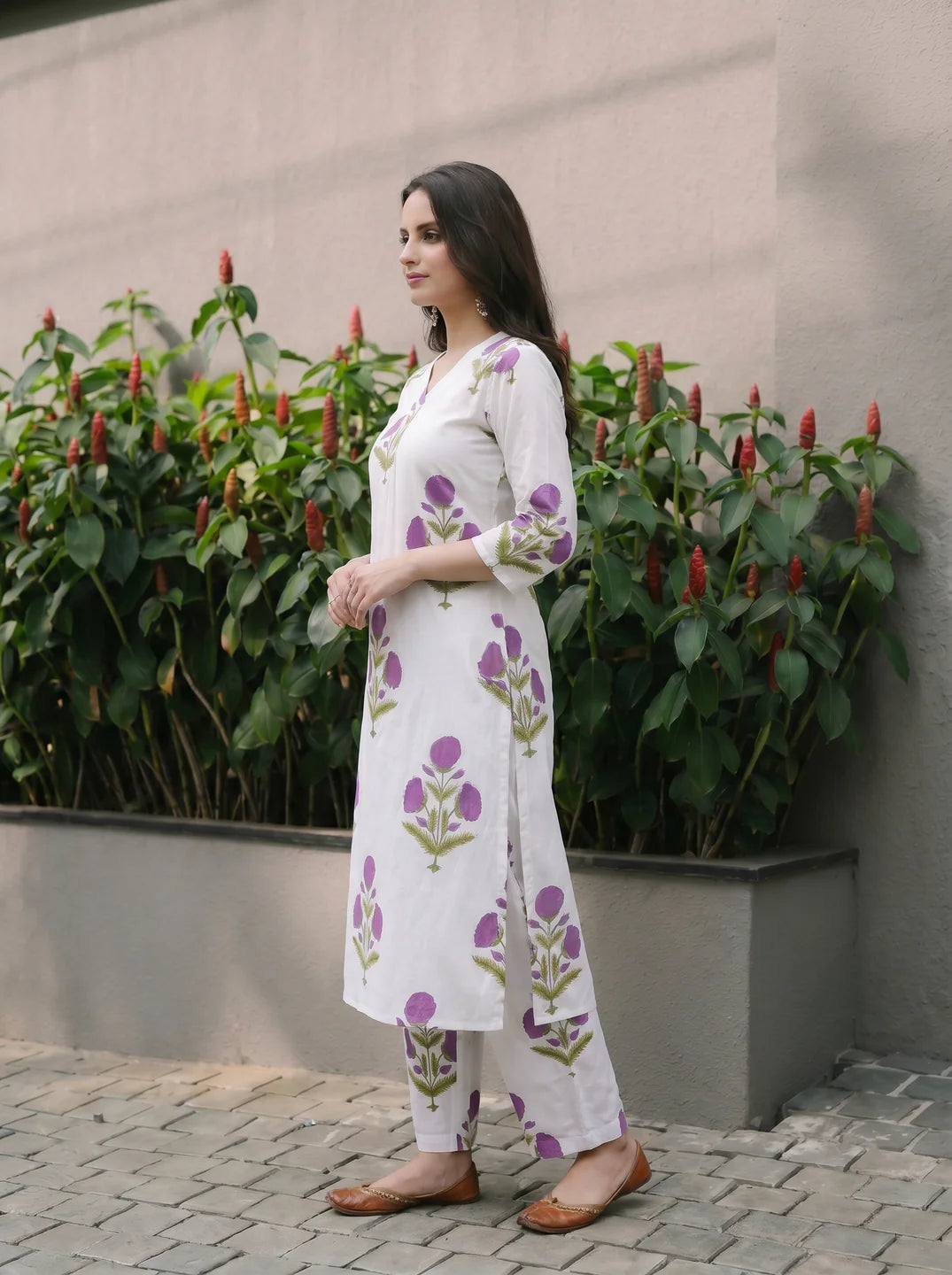 White & Lavender Floral A-Line Kurta Set