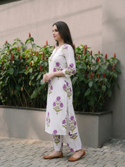 White & Lavender Floral A-Line Kurta Set