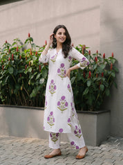 White & Lavender Floral A-Line Kurta Set