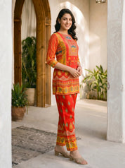 Red Multicolor Printed & Embellished Co-ord Set in Crepe