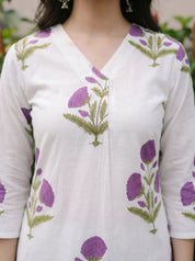 White & Lavender Floral A-Line Kurta Set