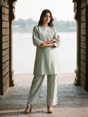 Sage Green Embroidered Thread Work Viscose Tunic With Pant