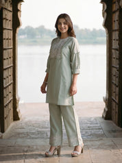 Sage Green Embroidered Thread Work Viscose Tunic With Pant