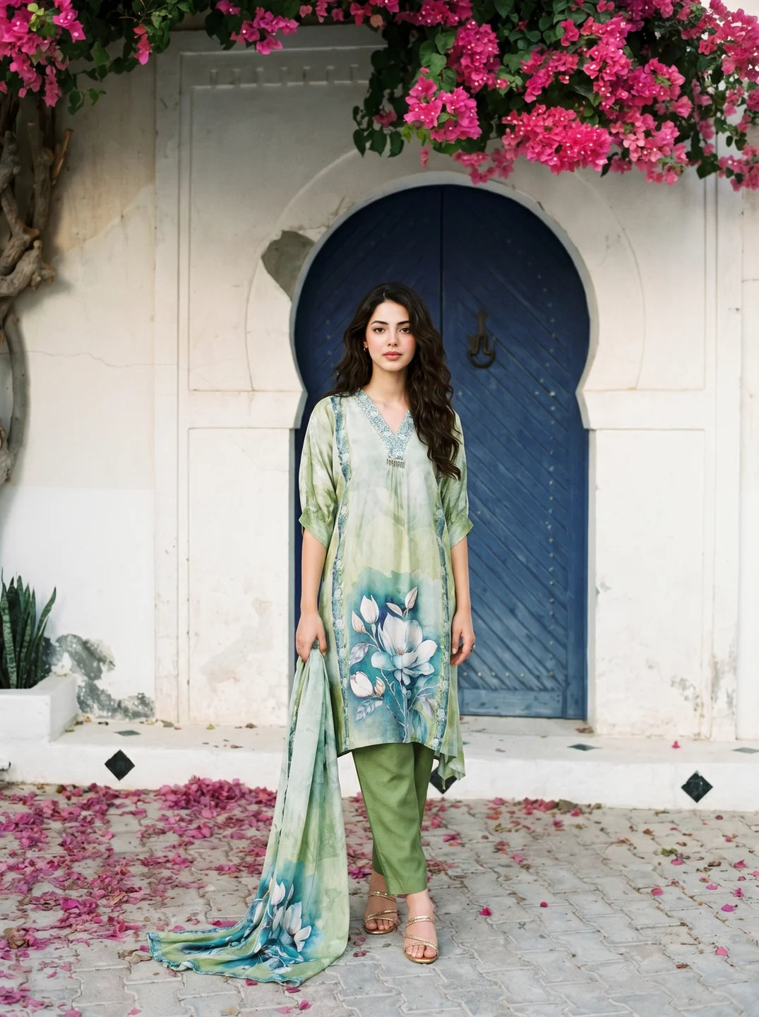 Sage Green Magnolia Flower Print  Viscose Silk Kurta Set
