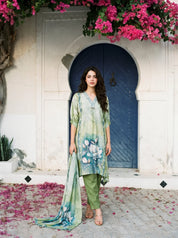 Sage Green Magnolia Flower Print  Viscose Silk Kurta Set