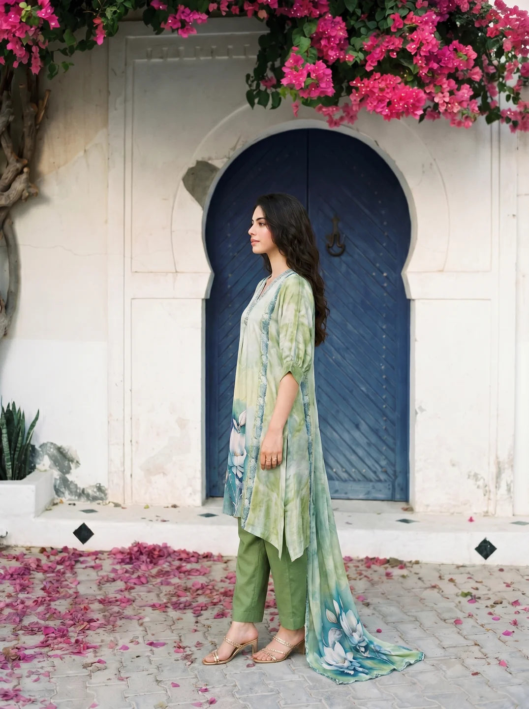 Sage Green Magnolia Flower Print  Viscose Silk Kurta Set