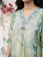 Sage Green Magnolia Flower Print  Viscose Silk Kurta Set