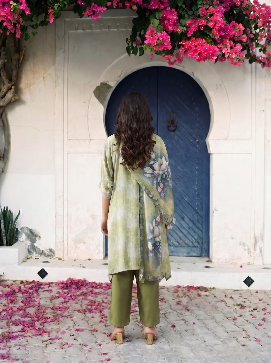 Sage Green Magnolia Flower Print  Viscose Silk Kurta Set