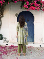 Sage Green Magnolia Flower Print  Viscose Silk Kurta Set