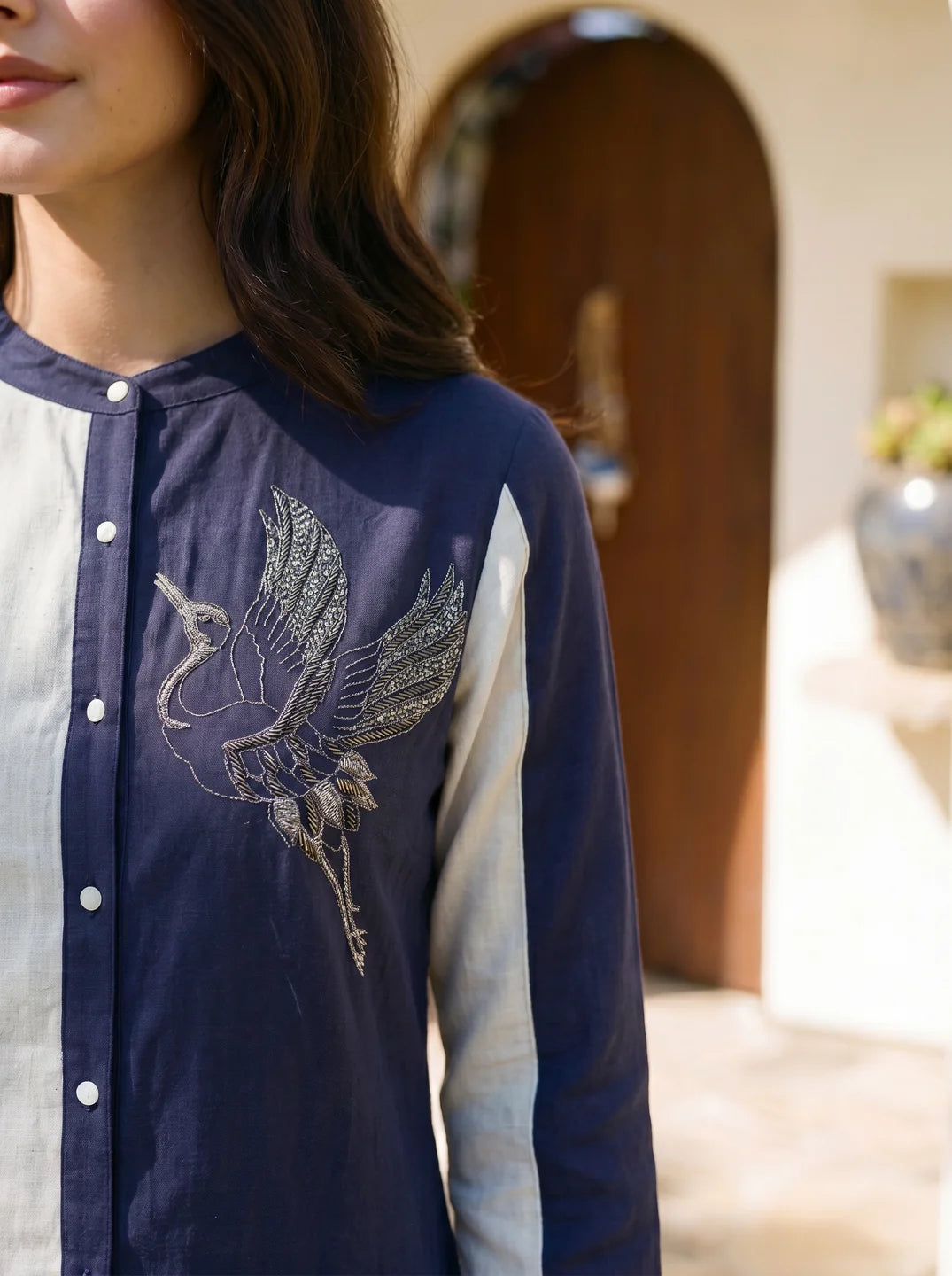Navy Blue & White Cotton Bird Motif Embroidered Rayon Dress