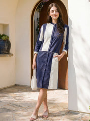Navy Blue & White Cotton Bird Motif Embroidered Rayon Dress