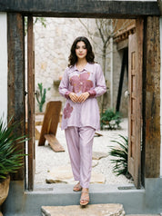Pink Floral Printed & Embroidered Shirt & Trouser Set