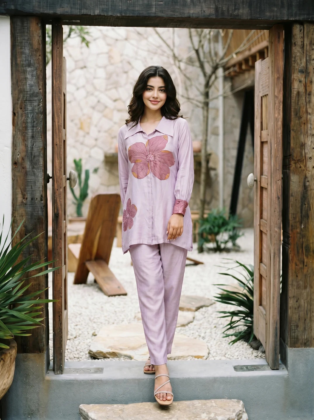 Pink Floral Printed & Embroidered Shirt & Trouser Set