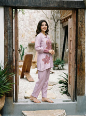 Pink Floral Printed & Embroidered Shirt & Trouser Set