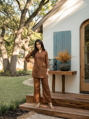Brown Thread Work Tunic & Trouser Co-Ord Set