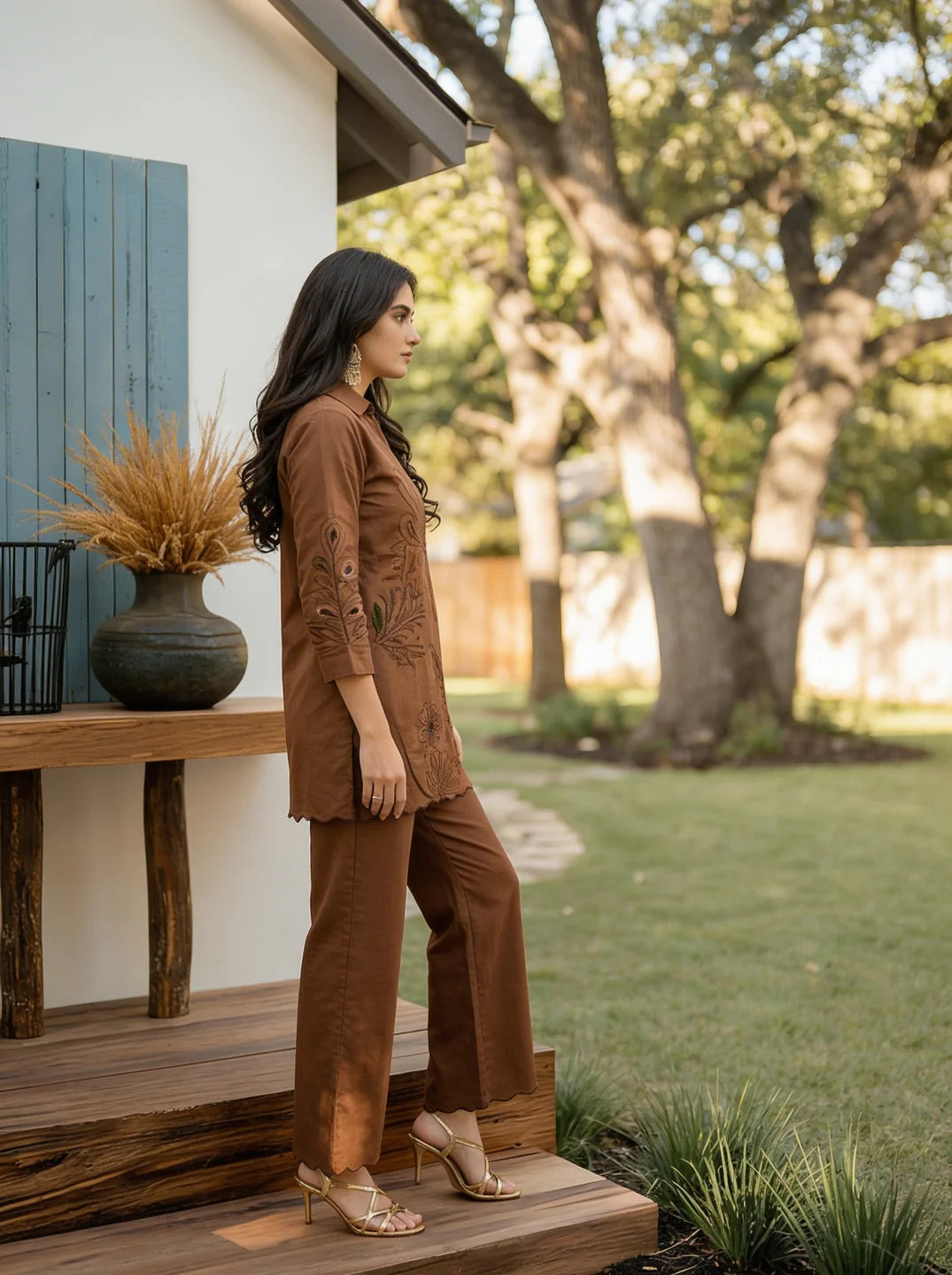 Brown Thread Work Tunic & Trouser Co-Ord Set