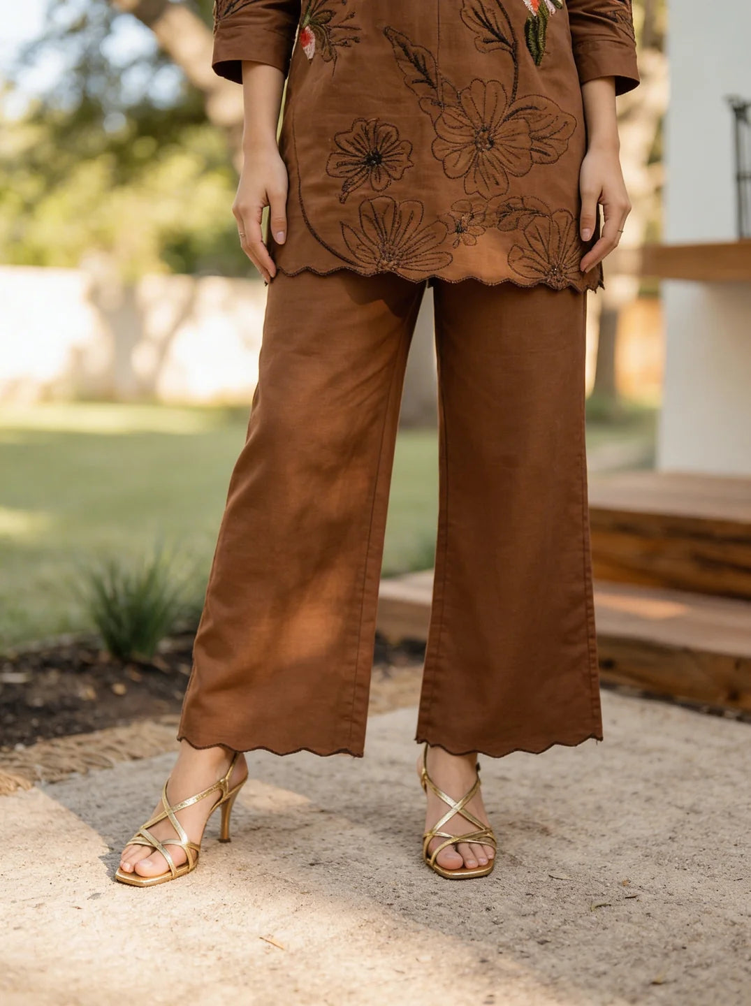 Brown Thread Work Tunic & Trouser Co-Ord Set