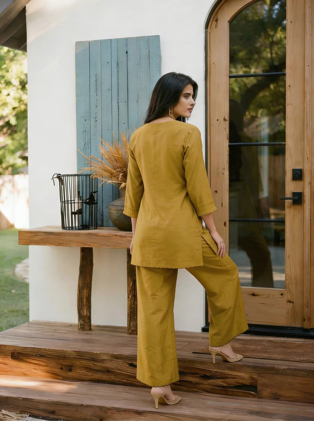 Mustard Green Embroidered Tunic Set With Cut Work