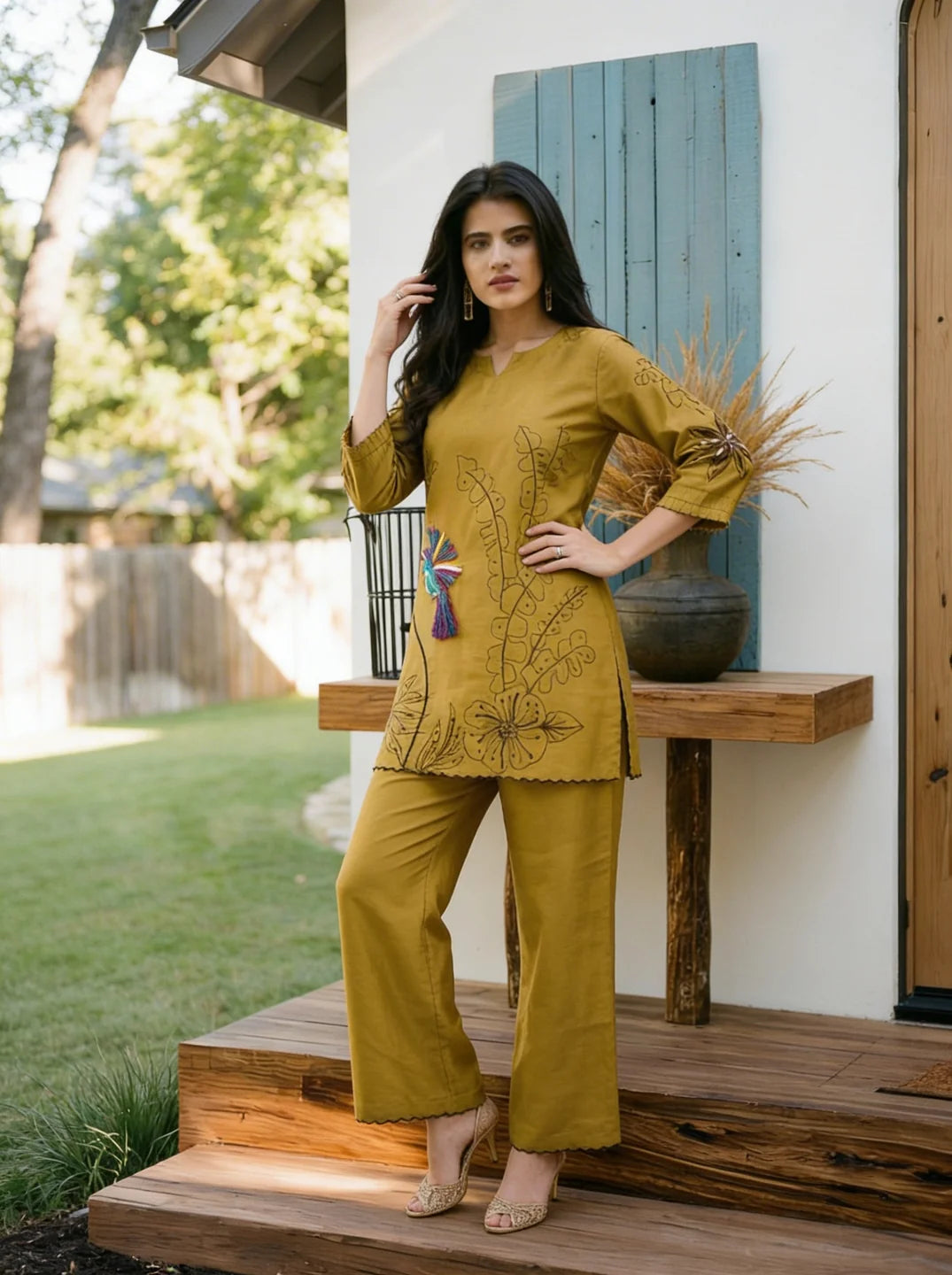 Mustard Green Embroidered Tunic Set With Cut Work