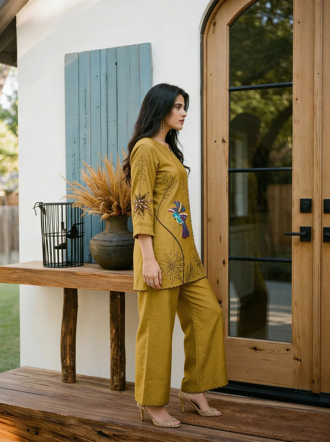 Mustard Green Embroidered Tunic Set With Cut Work