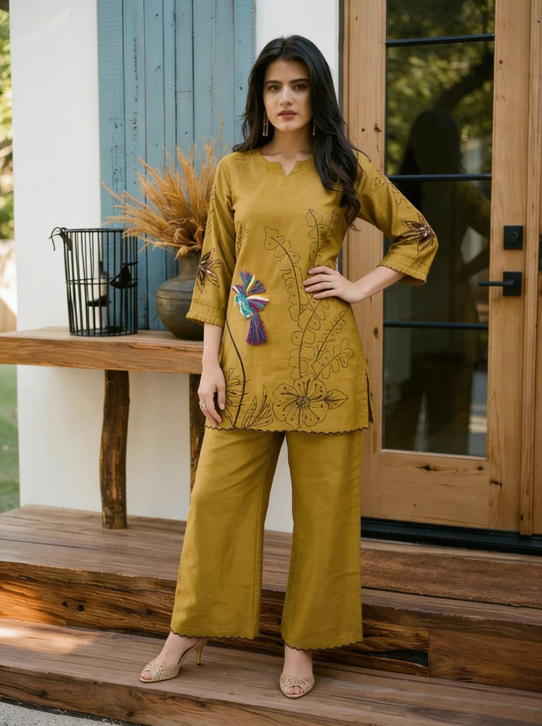 Mustard Green Embroidered Tunic Set With Cut Work