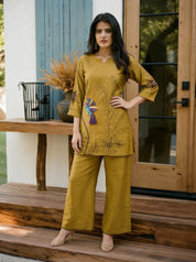 Mustard Green Embroidered Tunic Set With Cut Work