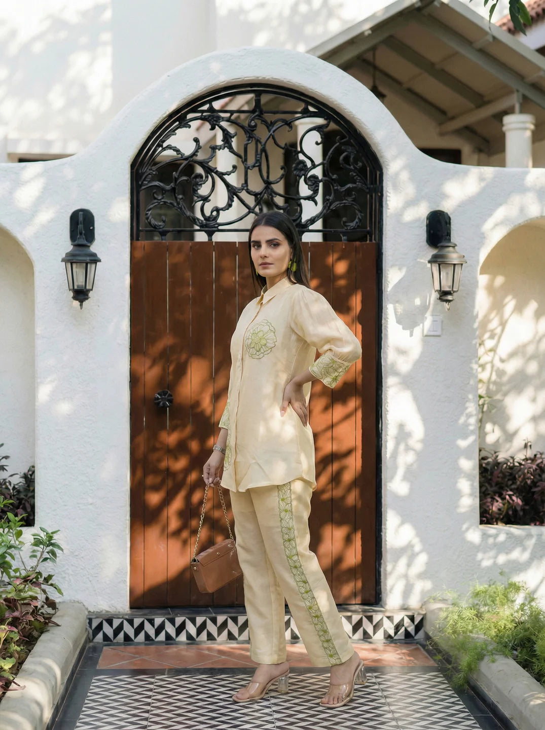 Yellow Creme Embroidered Viscose Shirt With Pant