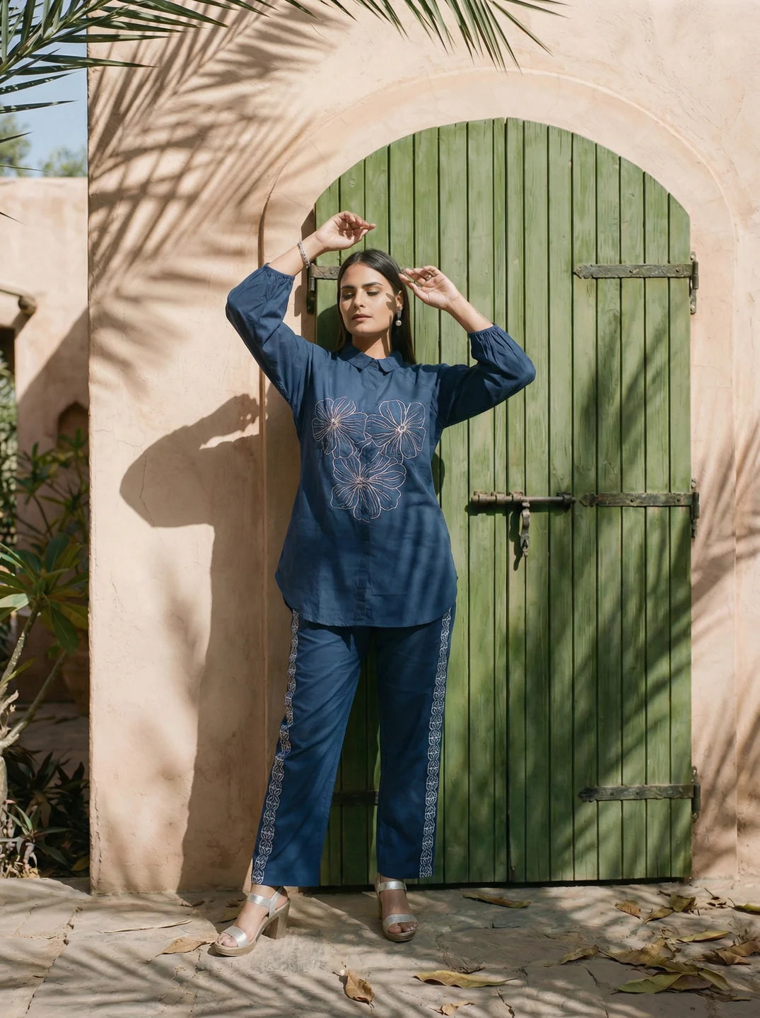 Elegant Navy Blue Embroidered Shirt & Pant Set