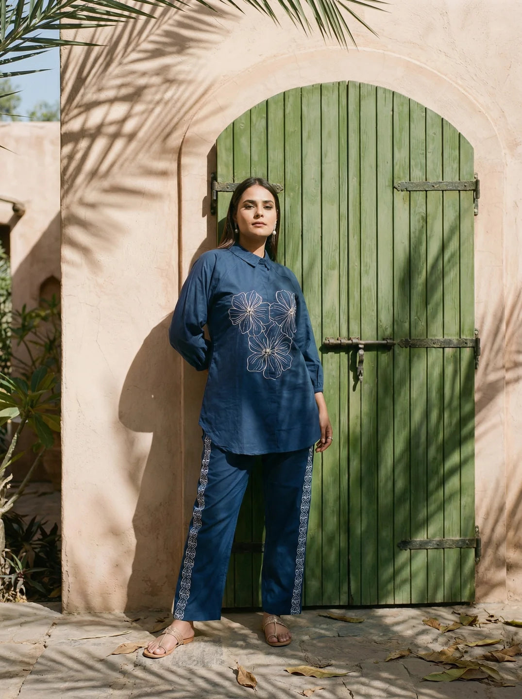 Elegant Navy Blue Embroidered Shirt & Pant Set