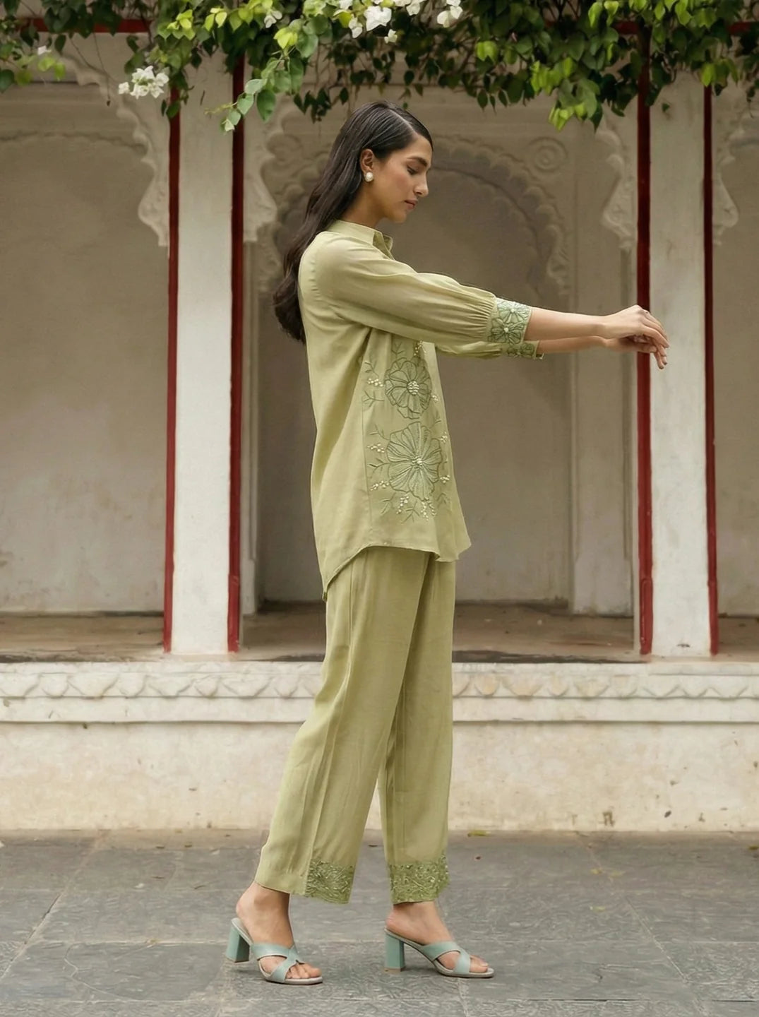 Pista Green Embroidered Shirt With Pant