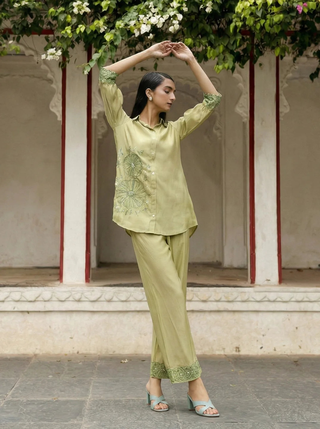 Pista Green Embroidered Shirt With Pant