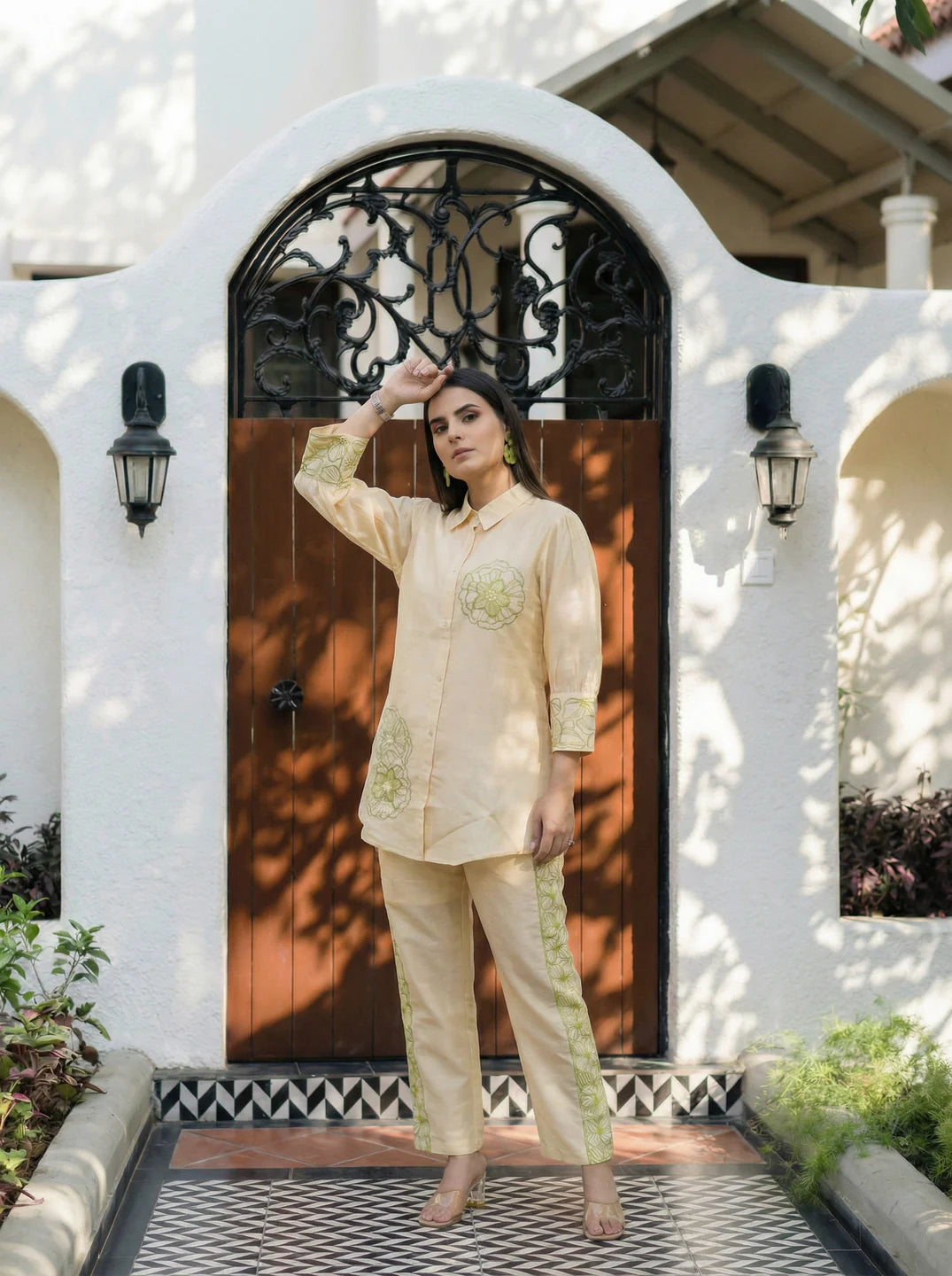 Yellow Creme Embroidered Viscose Shirt With Pant