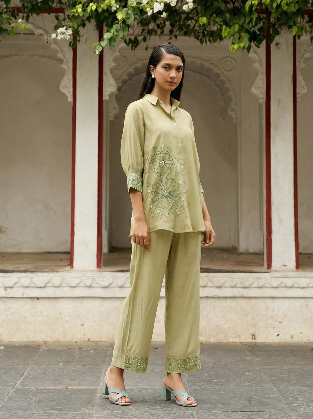 Pista Green Embroidered Shirt With Pant
