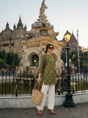Olive Green Classic Buta Mandarin Cotton Tunic