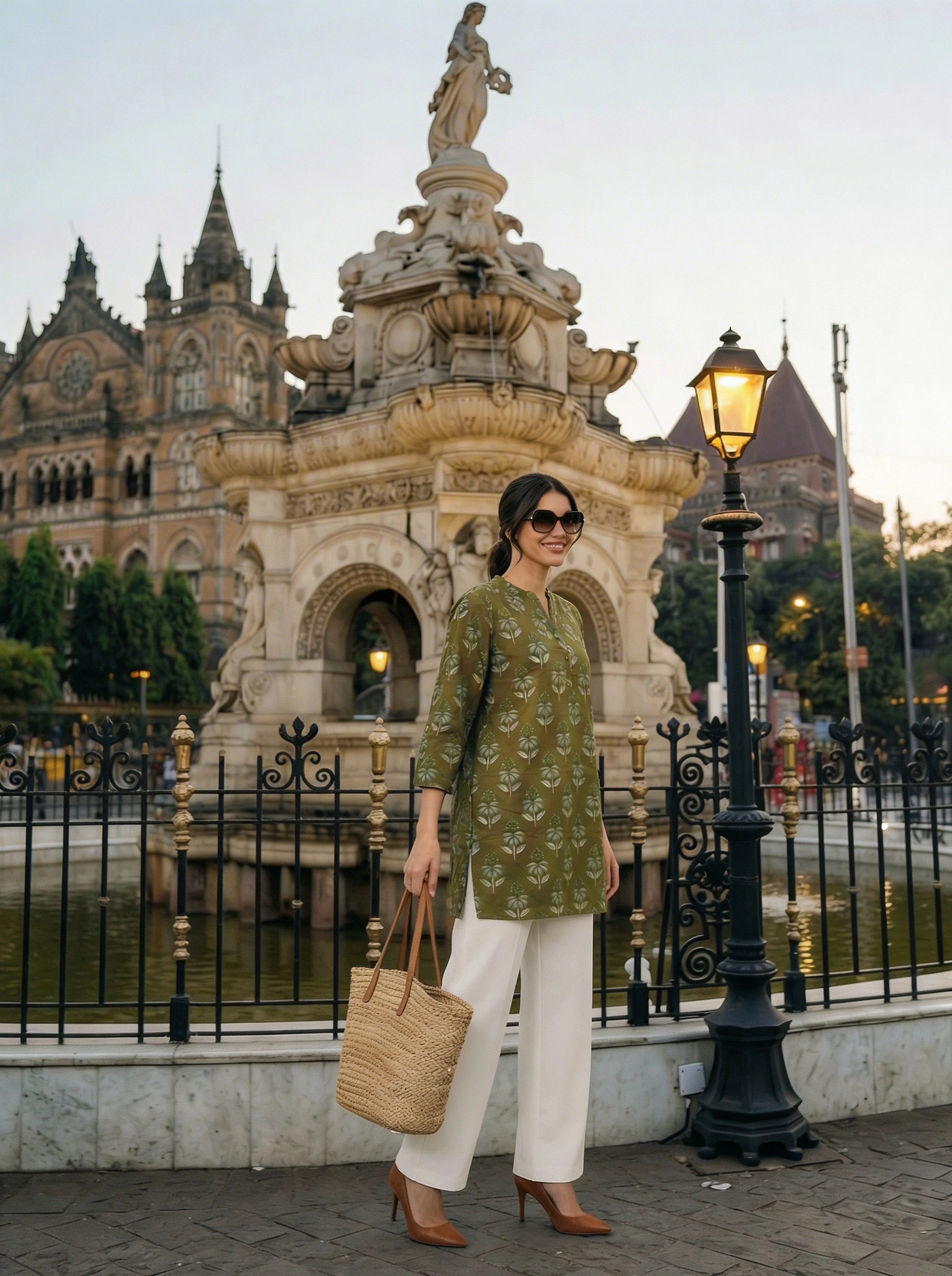 Olive Green Classic Buta Mandarin Cotton Tunic