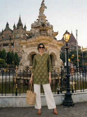 Olive Green Classic Buta Mandarin Cotton Tunic