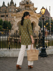 Olive Green Classic Buta Mandarin Cotton Tunic