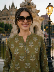 Olive Green Classic Buta Mandarin Cotton Tunic