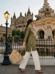 Olive Green Classic Buta Mandarin Cotton Tunic