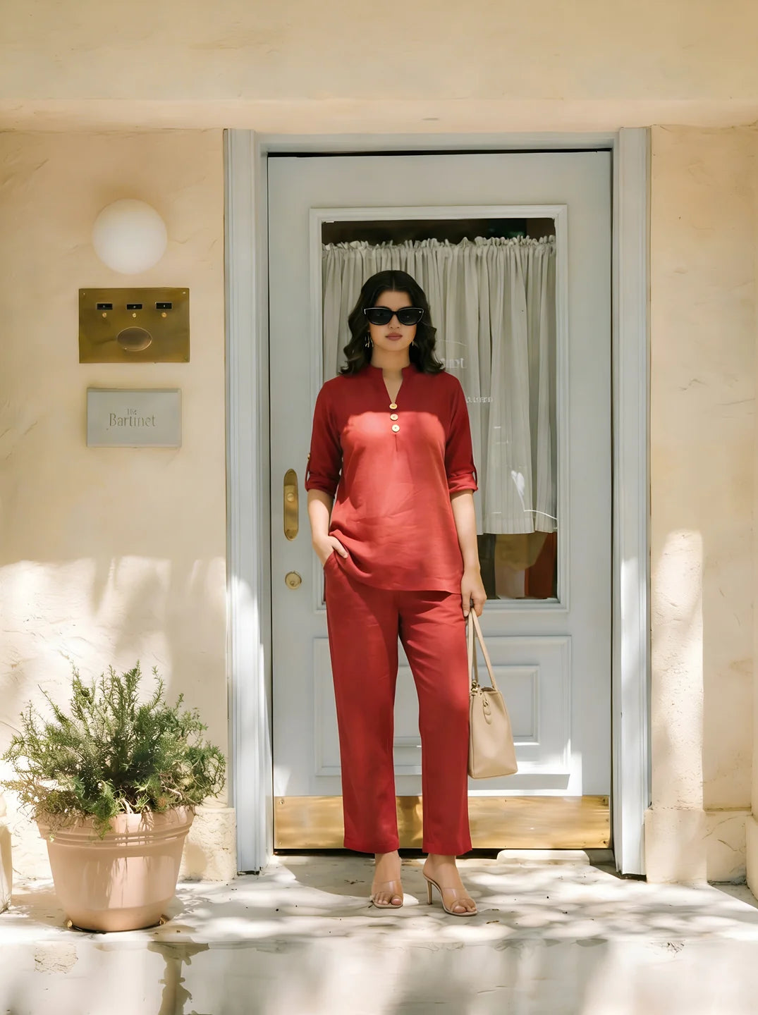 Crimson Cotton Flex Co-Ord Set with Mandarin Collar & Stitched Button Details