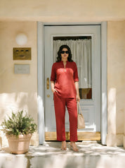 Crimson Cotton Flex Co-Ord Set with Mandarin Collar & Stitched Button Details