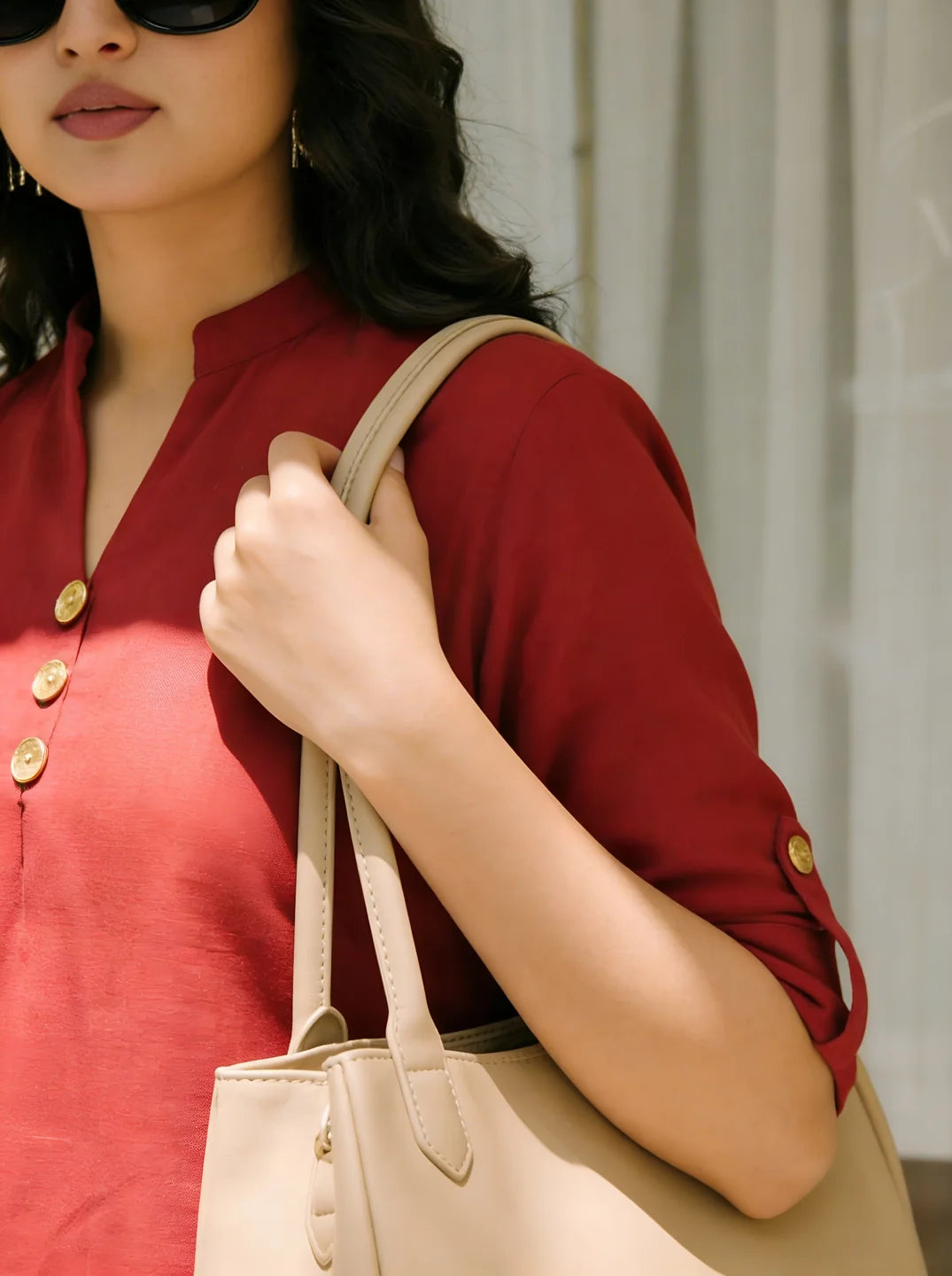 Crimson Cotton Flex Co-Ord Set with Mandarin Collar & Stitched Button Details